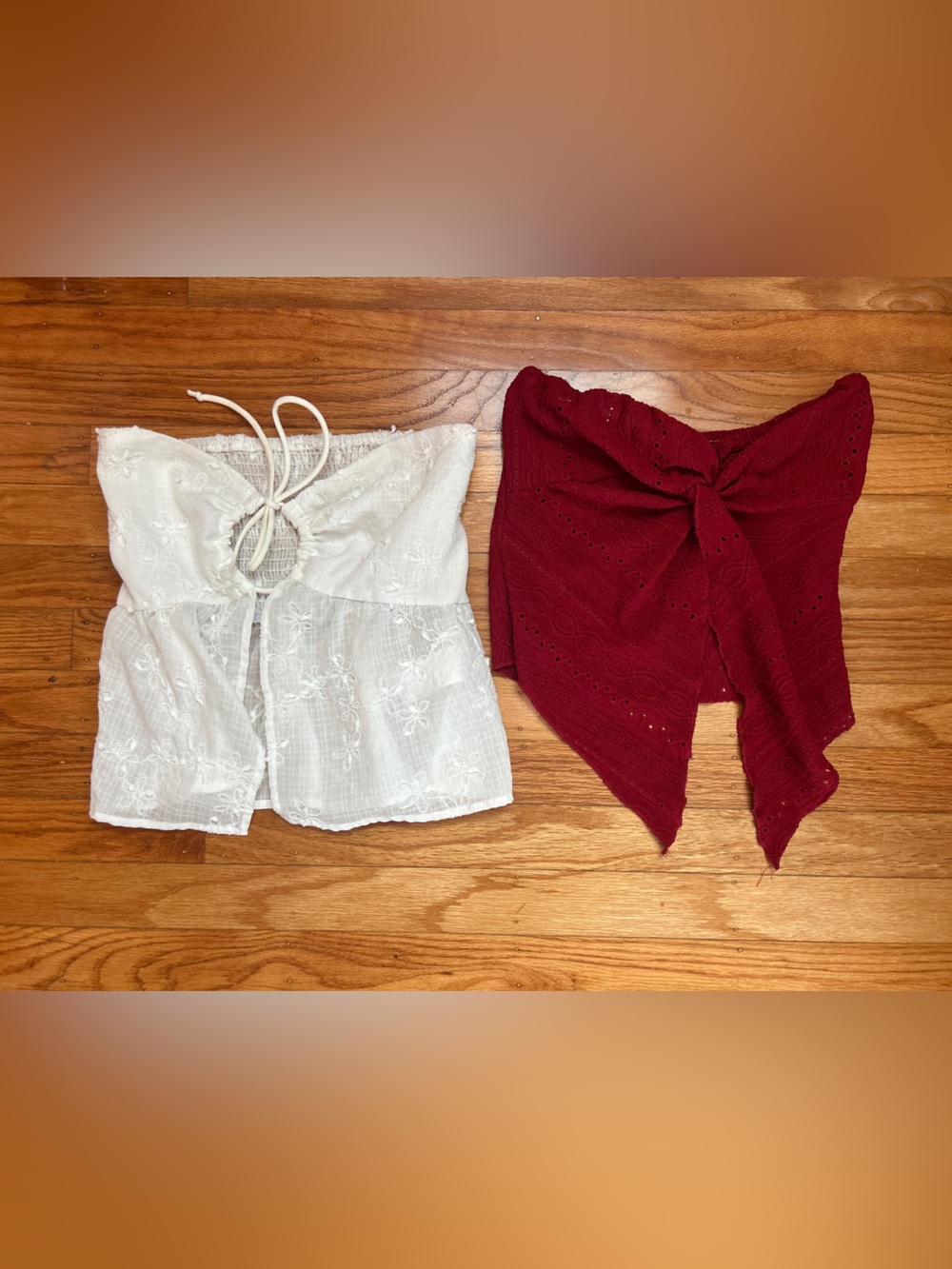 White floral tie front and burgundy hand kerchief eyelet tube top duo
